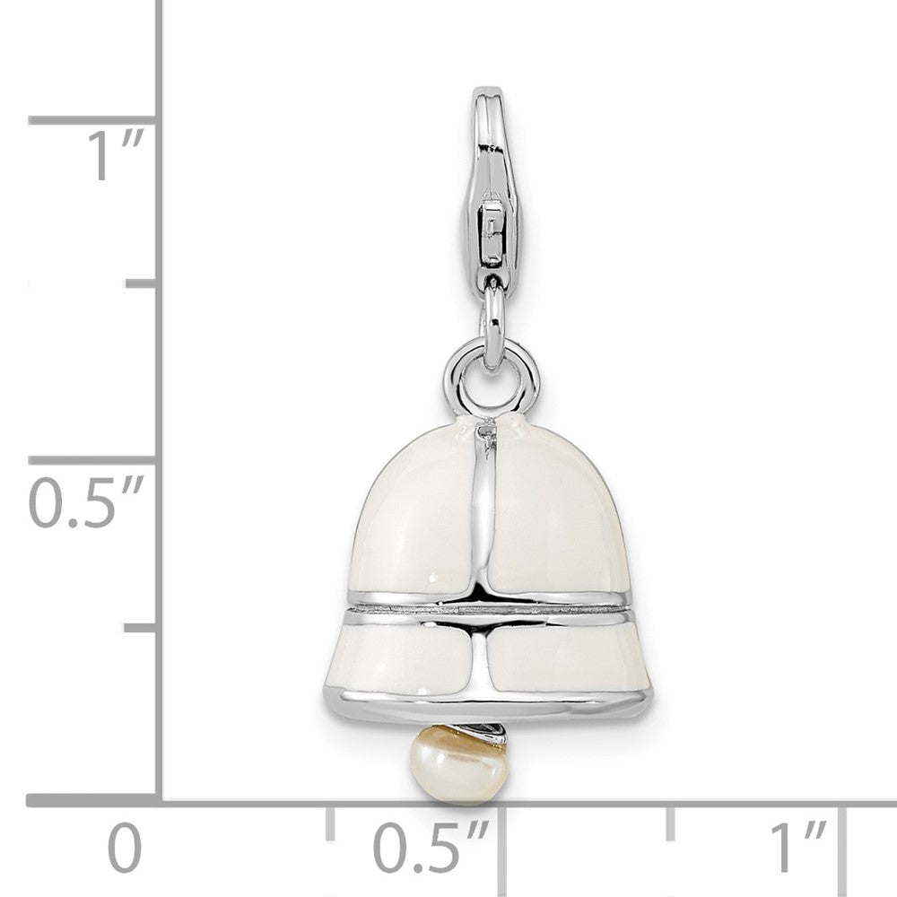 Amore La Vita Sterling Silver Rhodium-plated Polished 3-D Moveable Freshwater Cultured Pearl White Enameled Bell Charm wit...