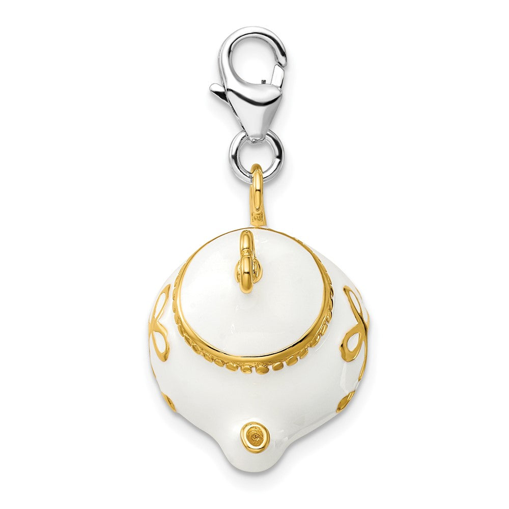 Amore La Vita Sterling Silver Rhodium-plated and Gold-plated Polished 3-D White Enameled Tea Pot Charm with Fancy Lobster ...