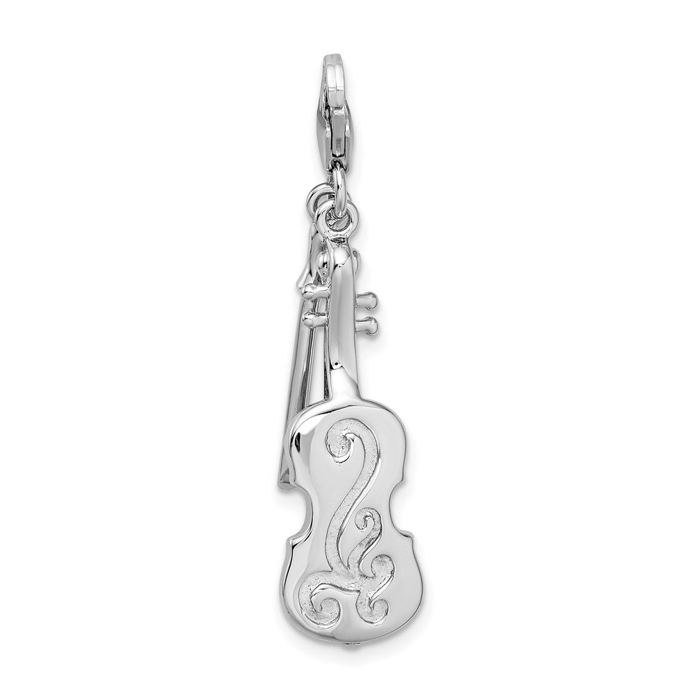 Amore La Vita Sterling Silver Rhodium-plated Polished 3-D Violin with Antiqued Bow Charm with Fancy Lobster Clasp