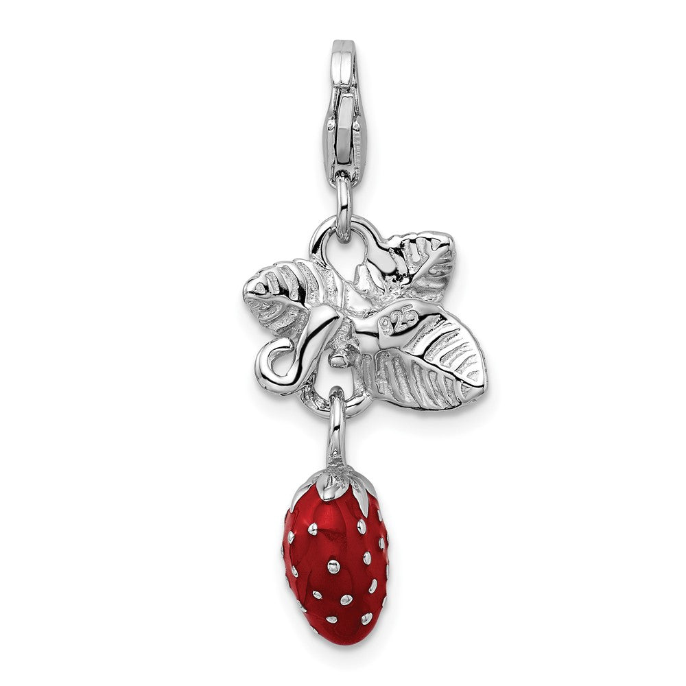 Amore La Vita Sterling Silver Rhodium-plated Polished 3-D Enameled Strawberry Charm with Fancy Lobster Clasp