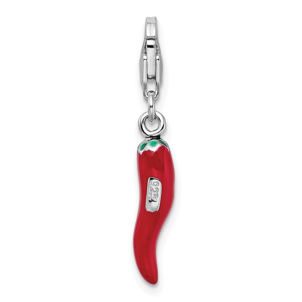 Amore La Vita Sterling Silver Rhodium-plated Polished 3-D Red Enameled Pepper Charm with Fancy Lobster Clasp