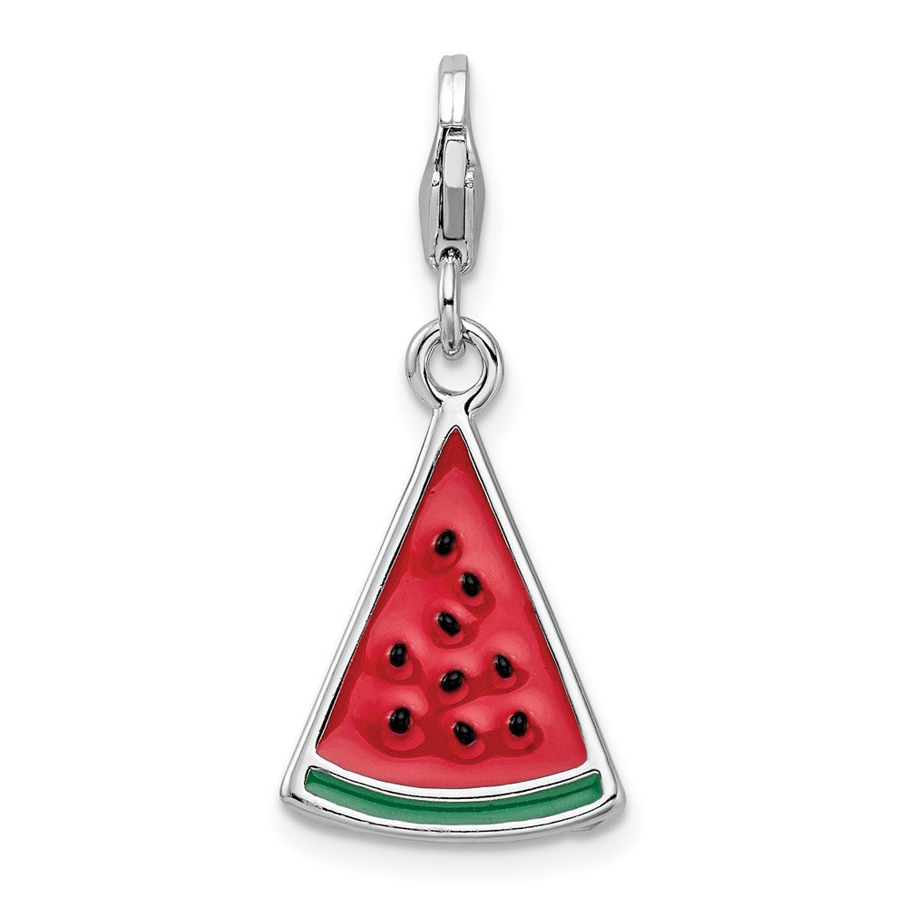 Amore La Vita Sterling Silver Rhodium-plated Polished 3-D Enameled Watermelon Wedge Charm with Fancy Lobster Clasp