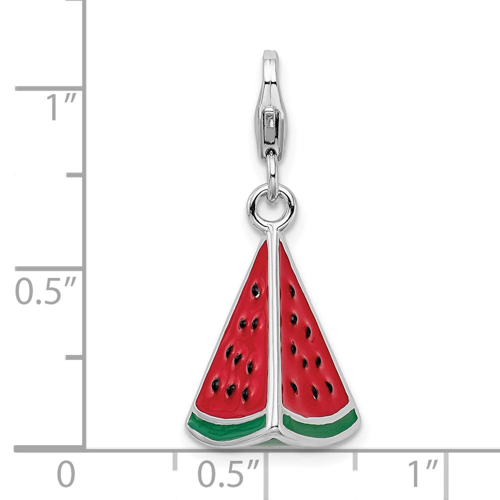 Amore La Vita Sterling Silver Rhodium-plated Polished 3-D Enameled Watermelon Wedge Charm with Fancy Lobster Clasp