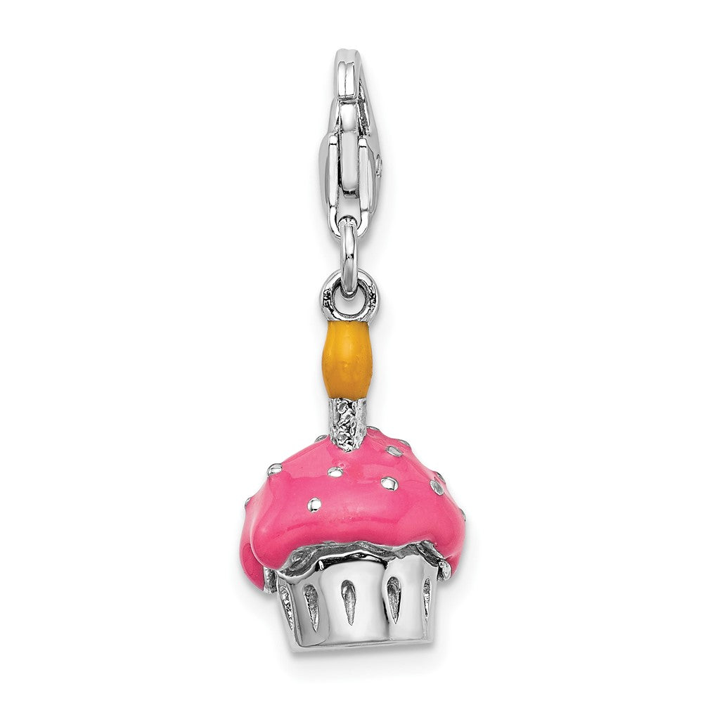 Amore La Vita Sterling Silver Rhodium-plated Polished 3-D Enameled Cupcake and Candle Charm with Fancy Lobster Clasp