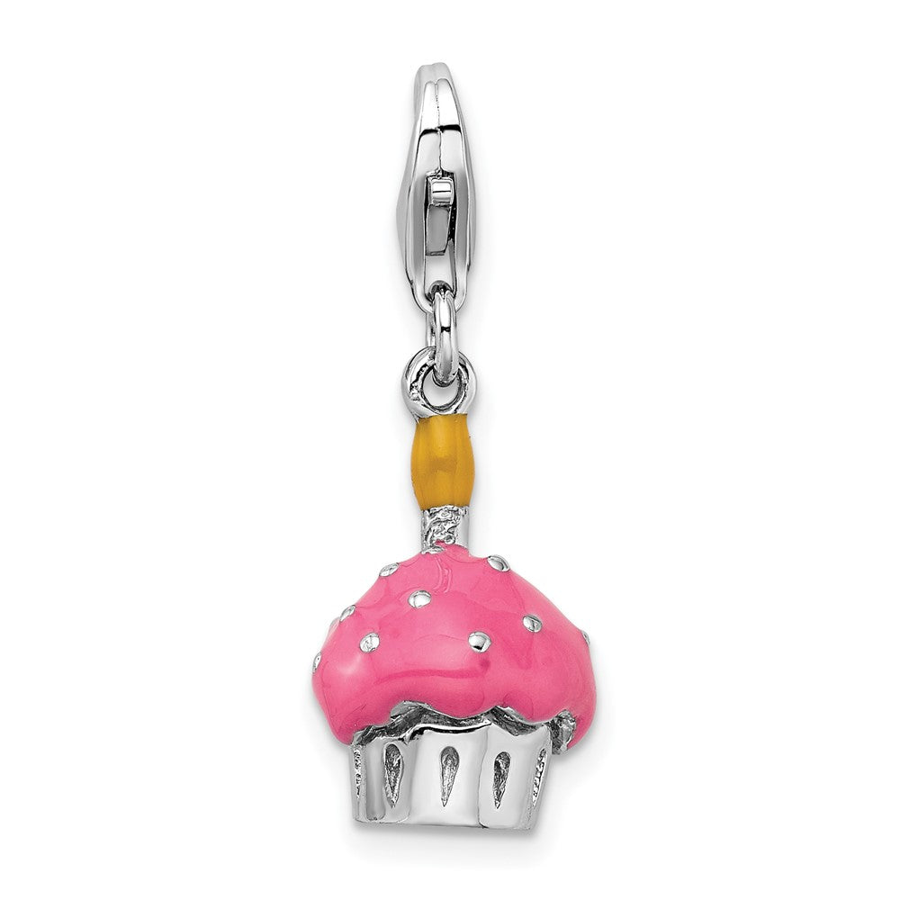 Amore La Vita Sterling Silver Rhodium-plated Polished 3-D Enameled Cupcake and Candle Charm with Fancy Lobster Clasp