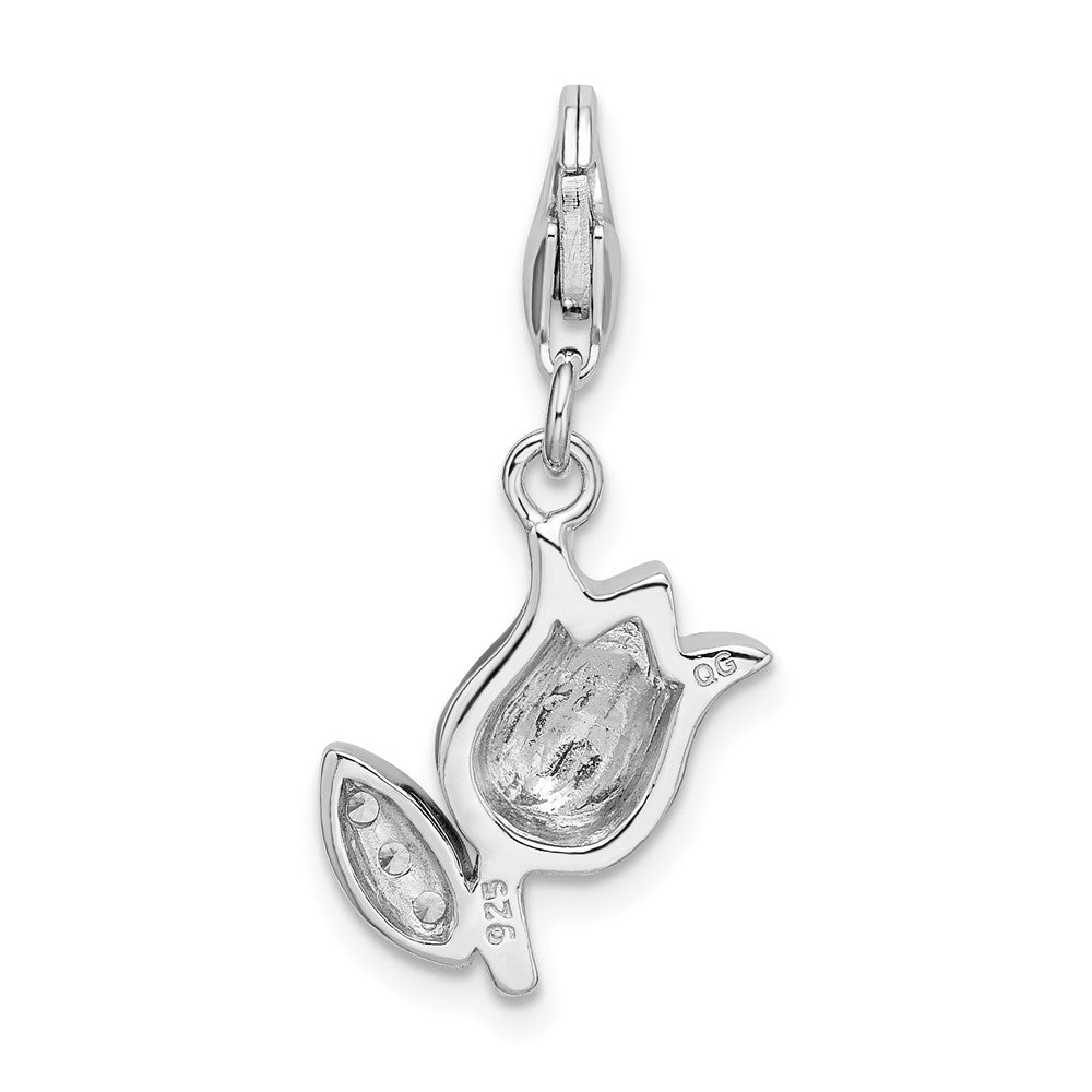 Amore La Vita Sterling Silver Rhodium-plated Polished CZ Red Enameled Tulip Flower Charm with Fancy Lobster Clasp