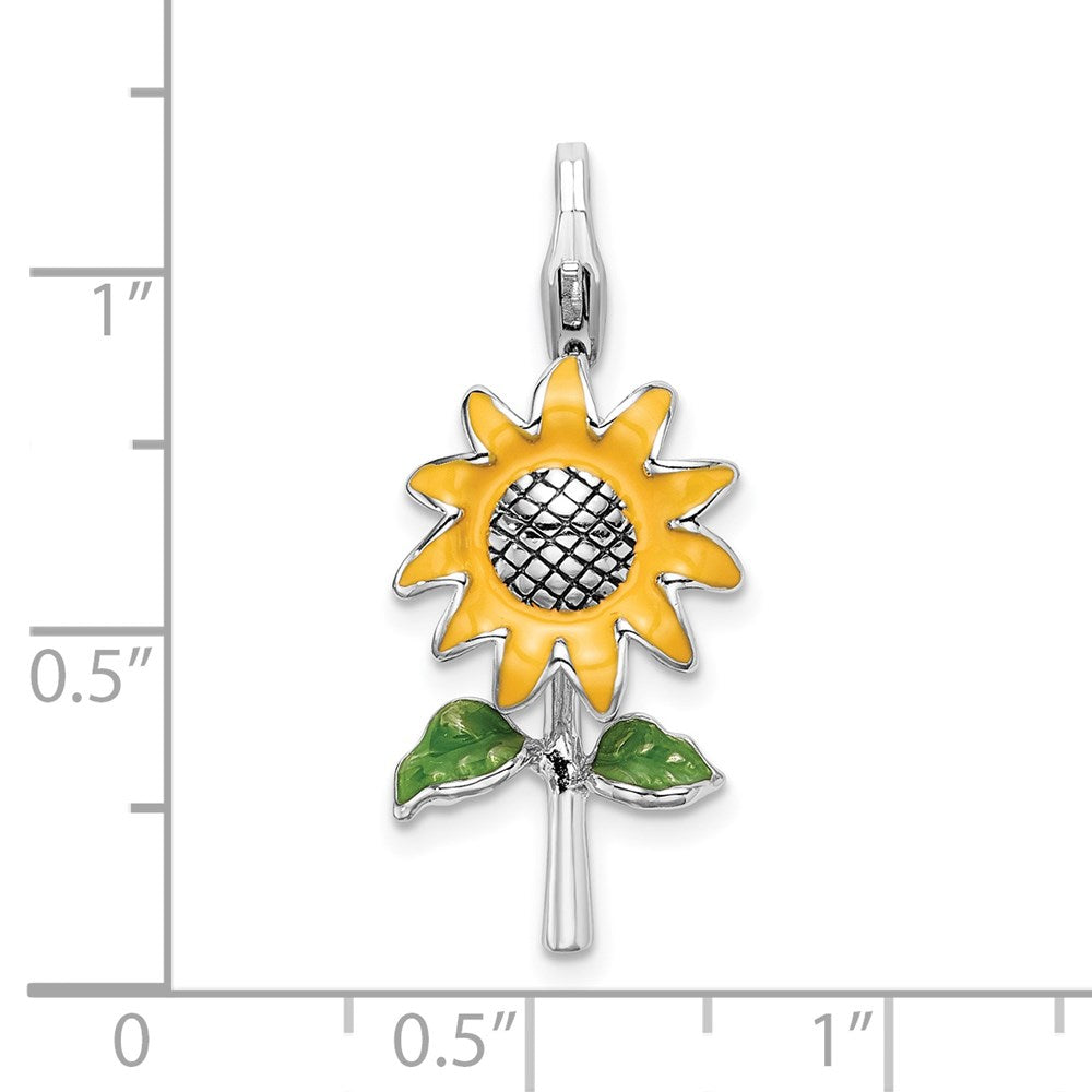Amore La Vita Sterling Silver Rhodium-plated Polished 3-D Enameled Sunflower Charm with Fancy Lobster Clasp