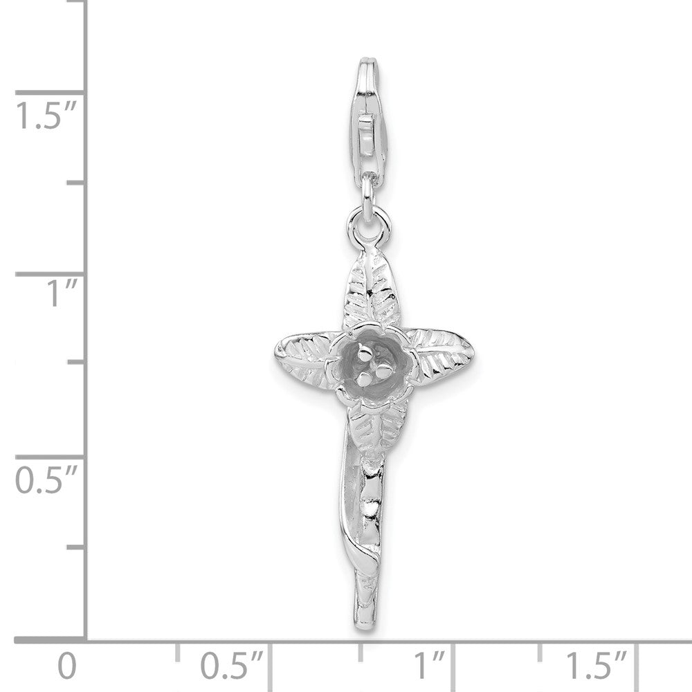 Sterling Silver 3-D Polished Flower Cross w/Lobster Clasp Charm