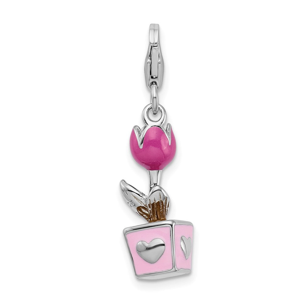 Amore La Vita Sterling Silver Rhodium-plated Polished 3-D Pink Enameled Potted Tulip Charm with Fancy Lobster Clasp