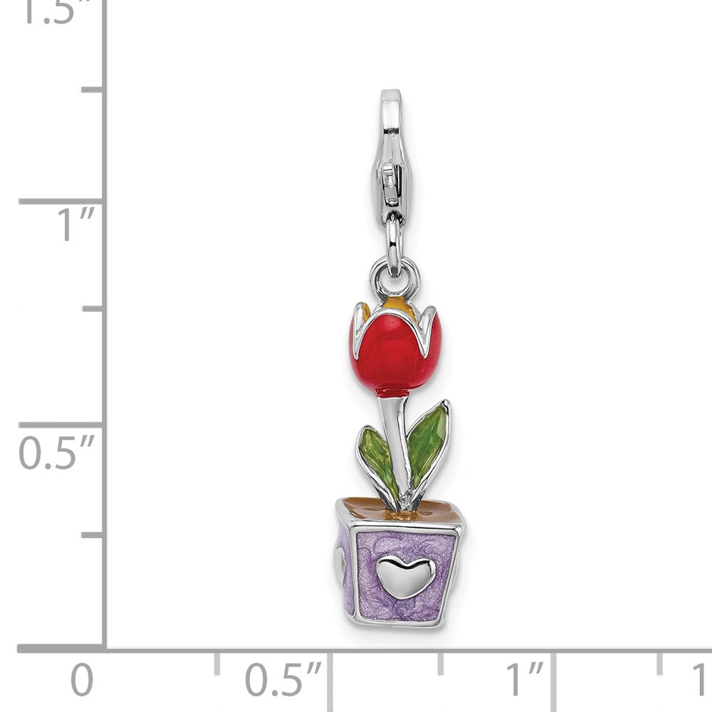 Amore La Vita Sterling Silver Rhodium-plated Polished 3-D Red Enameled Potted Tulip Flower Charm with Fancy Lobster Clasp