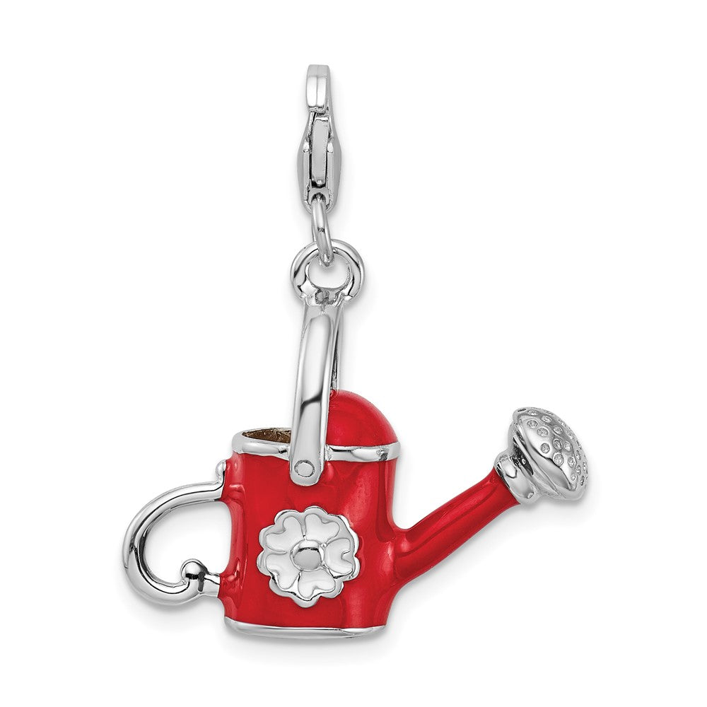 Amore La Vita Sterling Silver Rhodium-plated Polished 3-D Enameled Red Watering Can Charm with Fancy Lobster Clasp