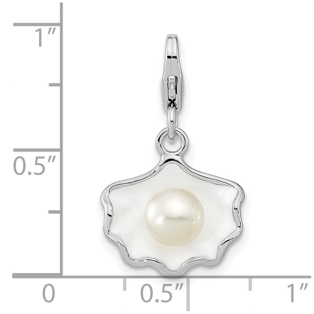 Amore La Vita Sterling Silver Rhodium-plated Polished 3-D Enameled Shell with a Freshwater Cultured Pearl Charm with Fancy...