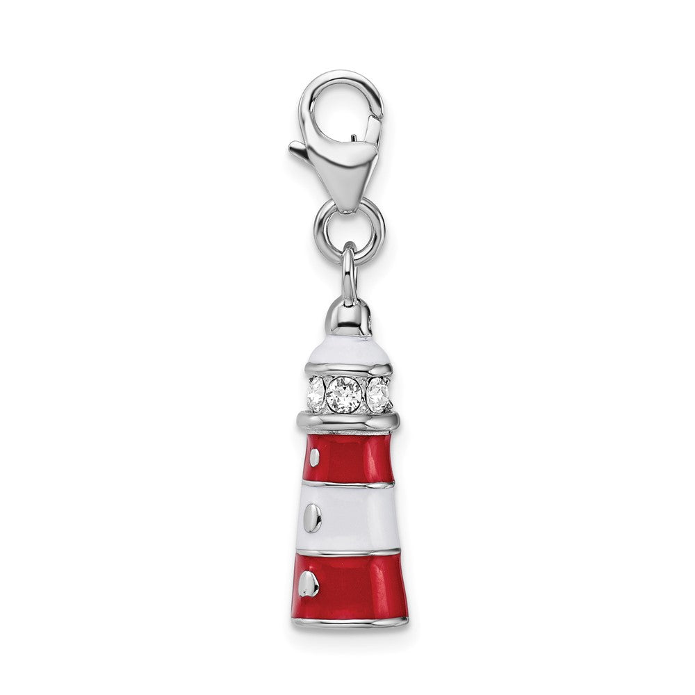 Amore La Vita Sterling Silver Rhodium-plated Polished 3-D Red Enameled Swarovski Crystal Lighthouse Charm with Fancy Lobst...