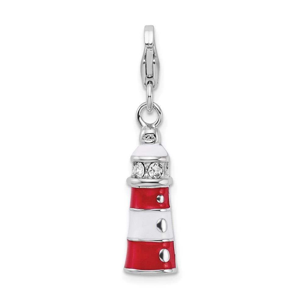 Amore La Vita Sterling Silver Rhodium-plated Polished 3-D Red Enameled Swarovski Crystal Lighthouse Charm with Fancy Lobst...