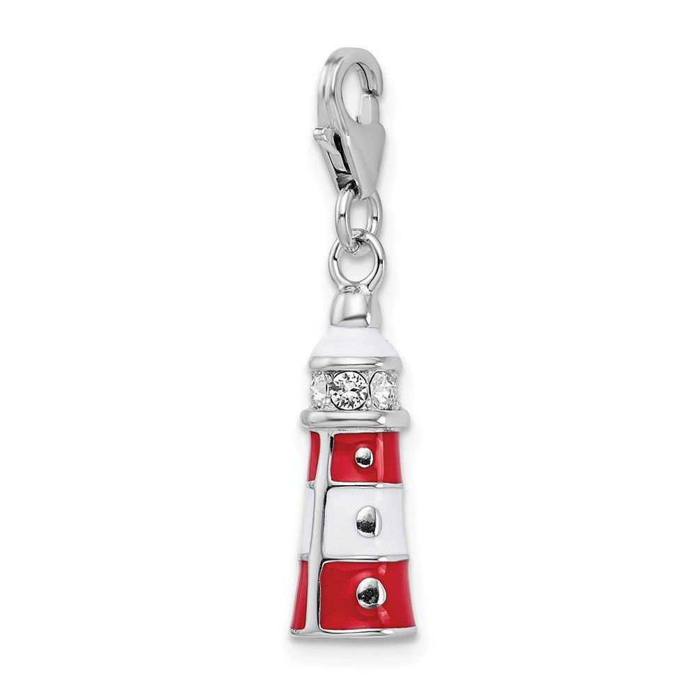 Amore La Vita Sterling Silver Rhodium-plated Polished 3-D Red Enameled Swarovski Crystal Lighthouse Charm with Fancy Lobst...