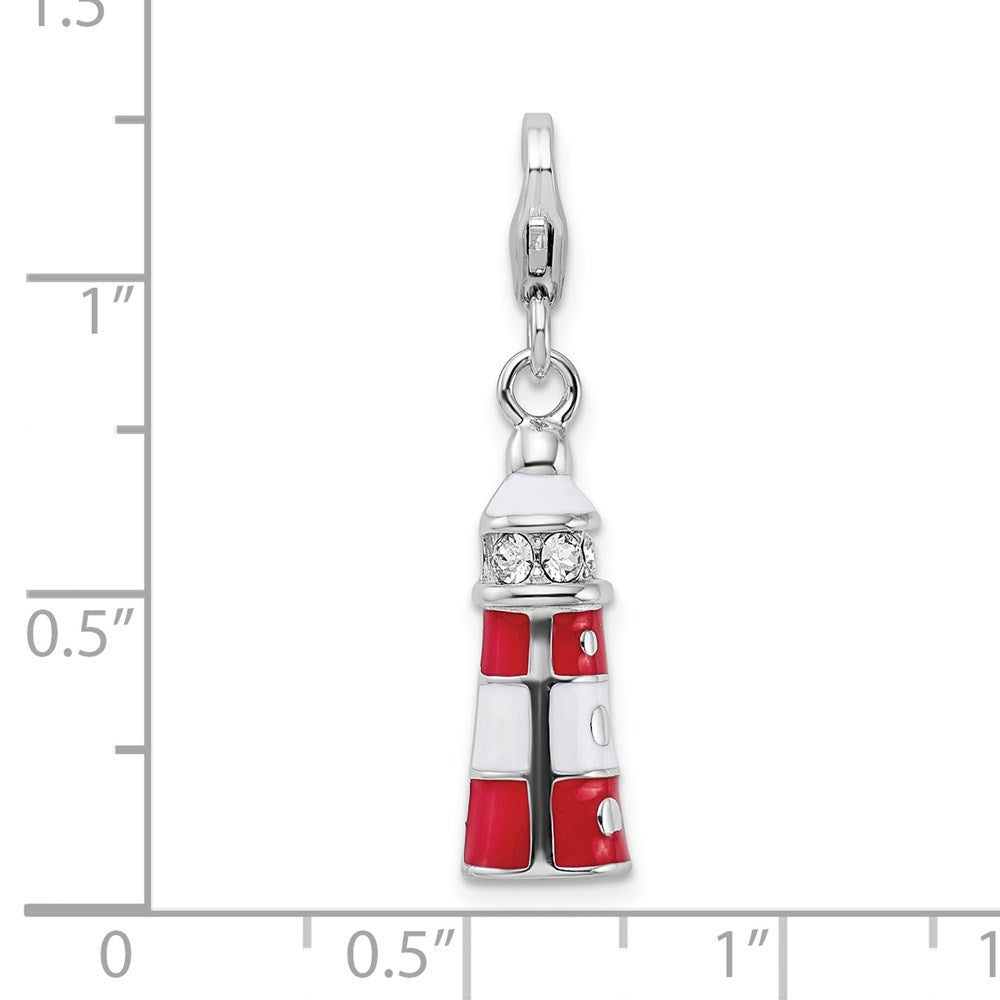 Amore La Vita Sterling Silver Rhodium-plated Polished 3-D Red Enameled Swarovski Crystal Lighthouse Charm with Fancy Lobst...