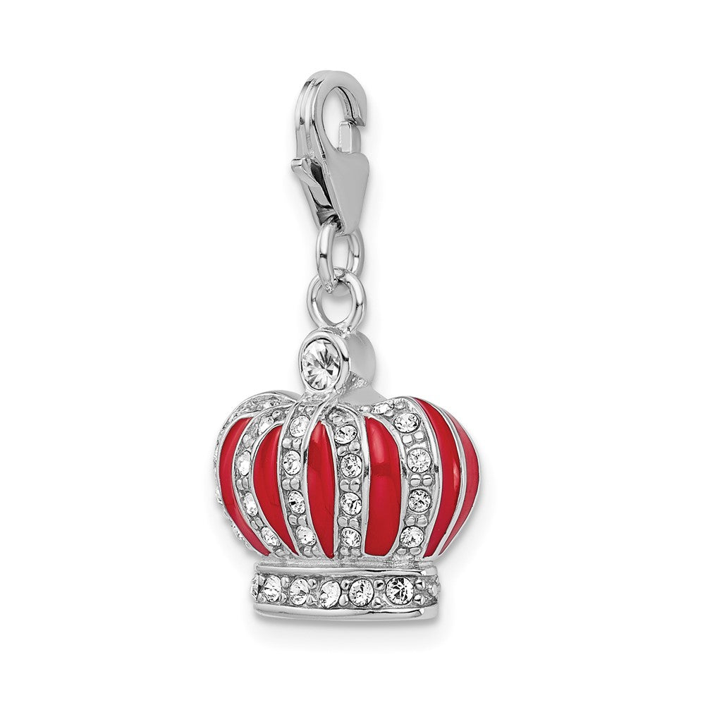 Amore La Vita Sterling Silver Rhodium-plated Polished 3-D Crystal From Swarovski and Red Enameled Crown Charm with Fancy L...