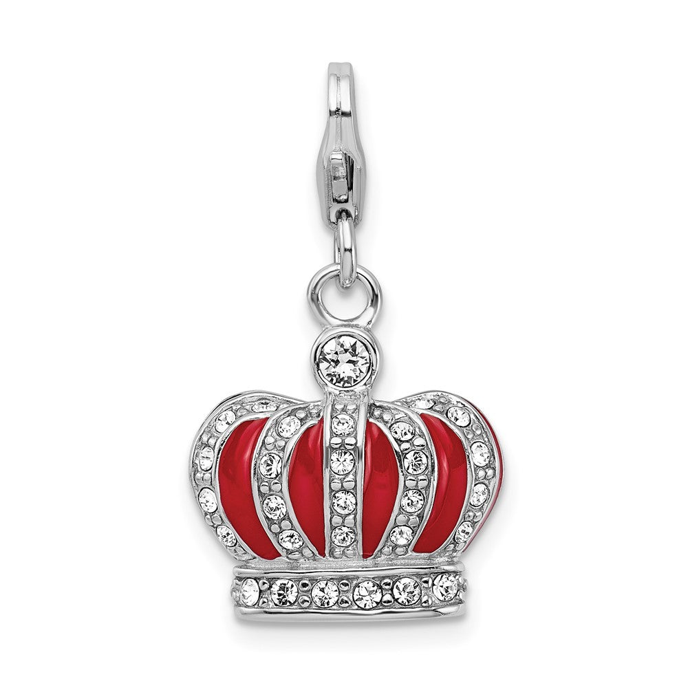Amore La Vita Sterling Silver Rhodium-plated Polished 3-D Crystal From Swarovski and Red Enameled Crown Charm with Fancy L...