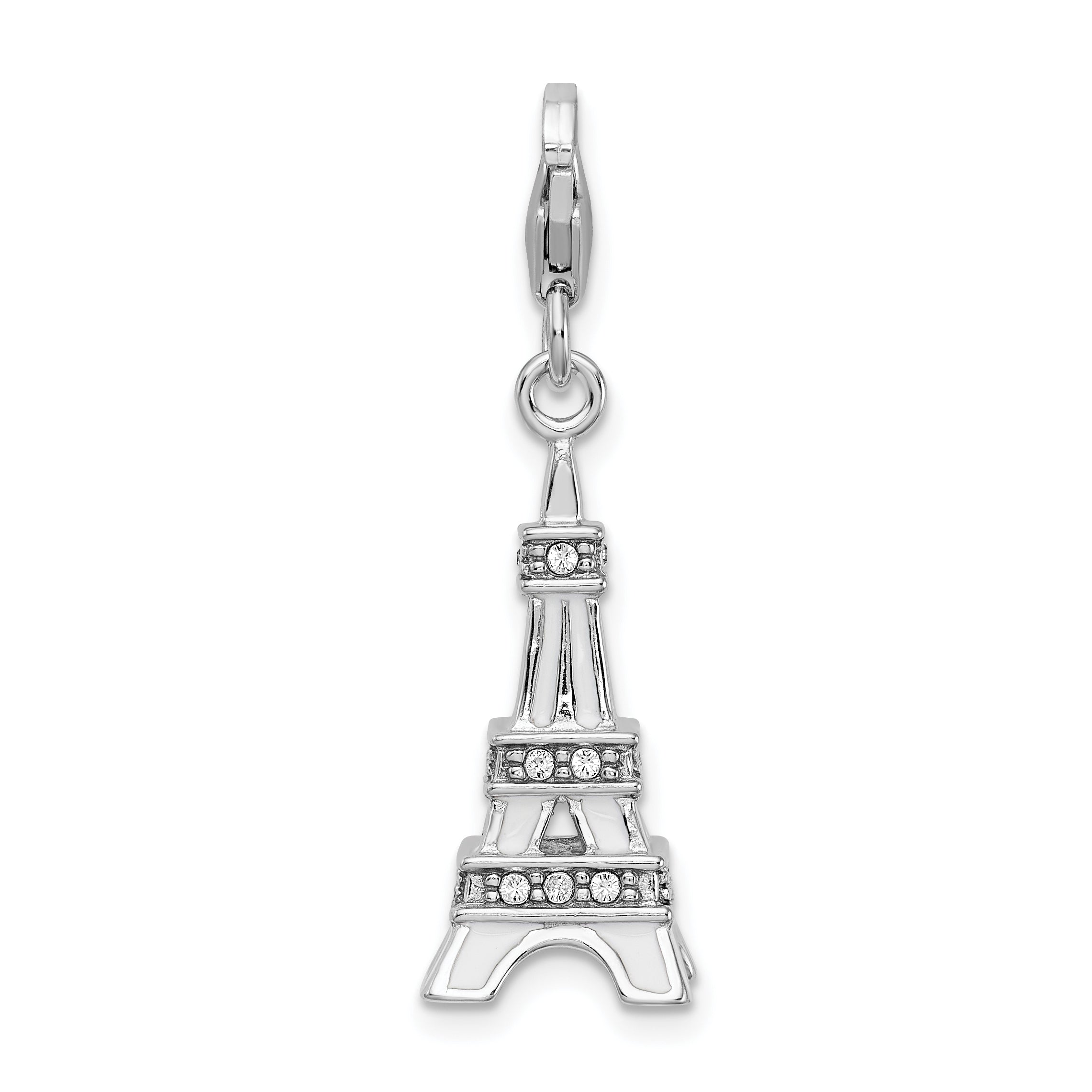 Amore La Vita Sterling Silver Rhodium-plated Polished 3-D Enameled Crystal Eiffel Tower Charm with Fancy Lobster Clasp