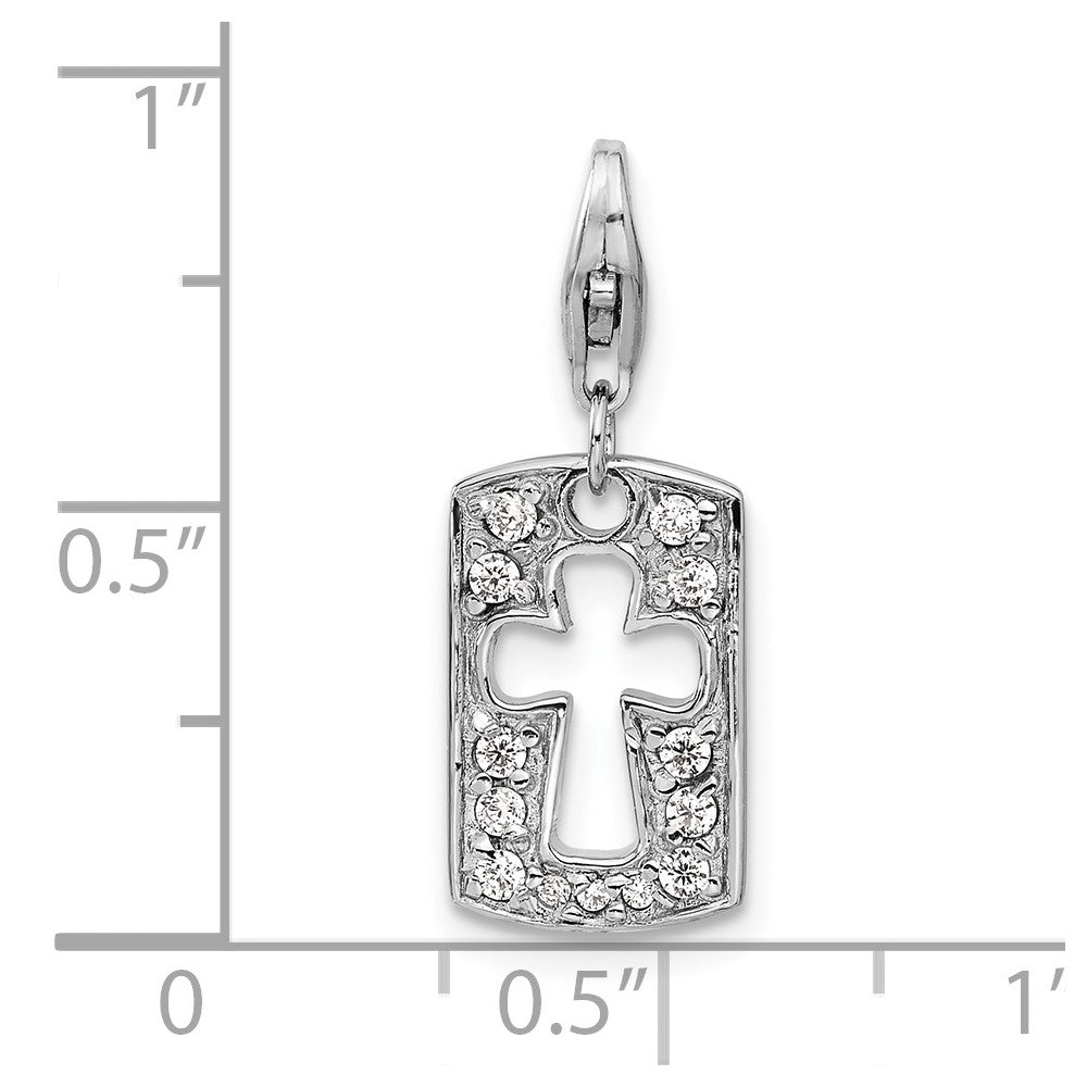 Amore La Vita Sterling Silver Rhodium-plated Polished Reversible CZ Cut-out Cross Faith Clip-on Charm with Fancy Lobster C...