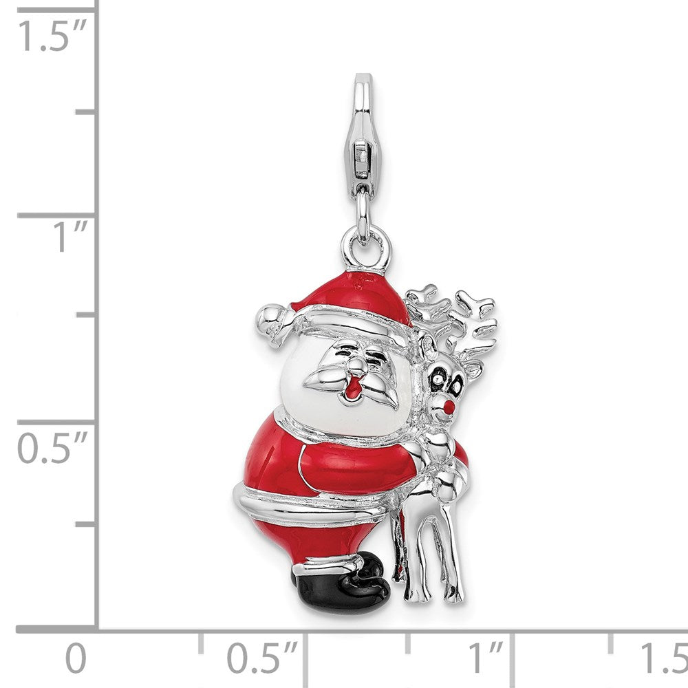 Amore La Vita Sterling Silver Rhodium-plated Polished 3-D Enameled Santa and Reindeer Charm with Fancy Lobster Clasp