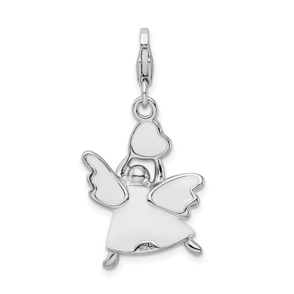 Amore La Vita Sterling Silver Rhodium-plated Polished 3-D White Enameled Crystal From Swarovski Angel Charm with Fancy Lob...