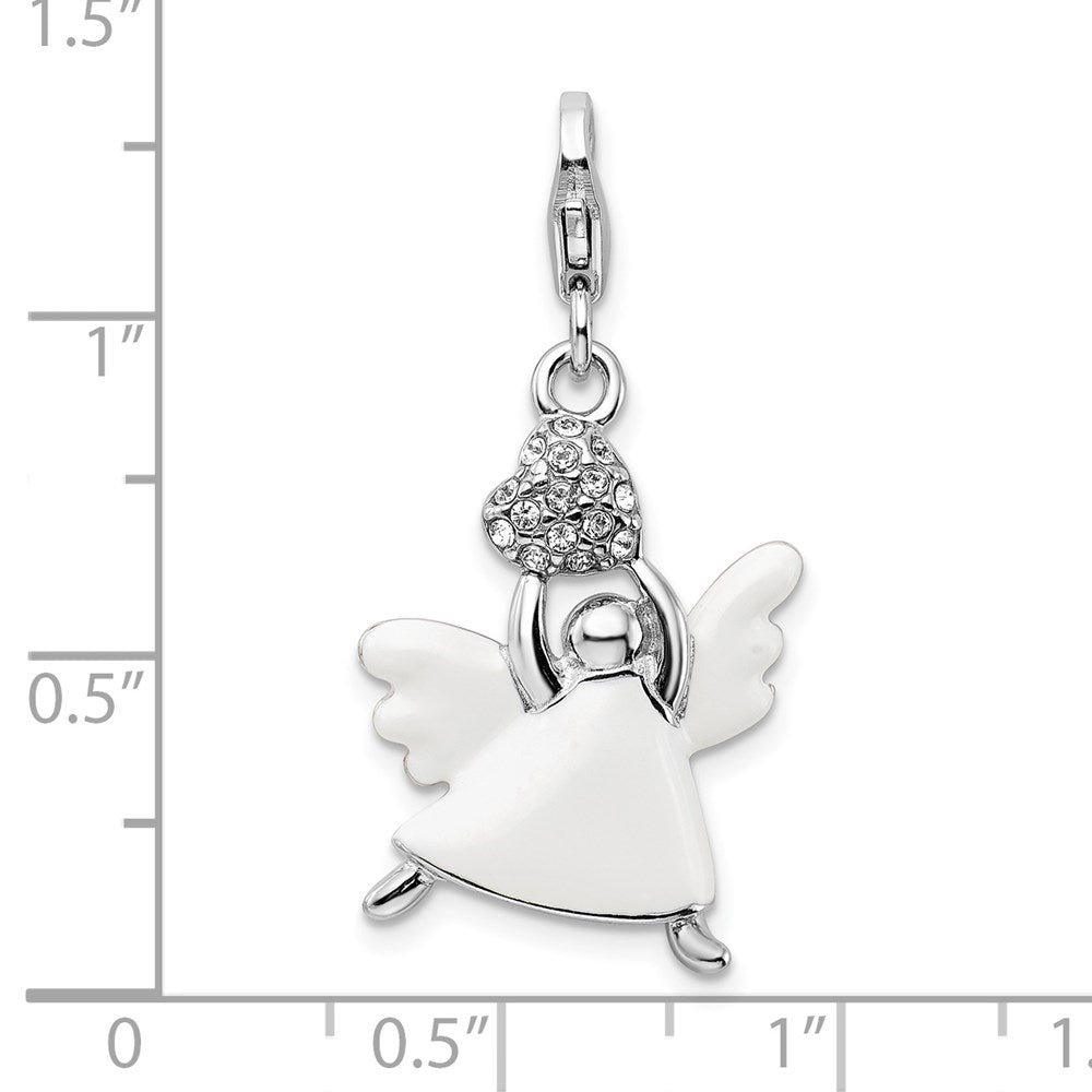 Amore La Vita Sterling Silver Rhodium-plated Polished 3-D White Enameled Crystal From Swarovski Angel Charm with Fancy Lob...