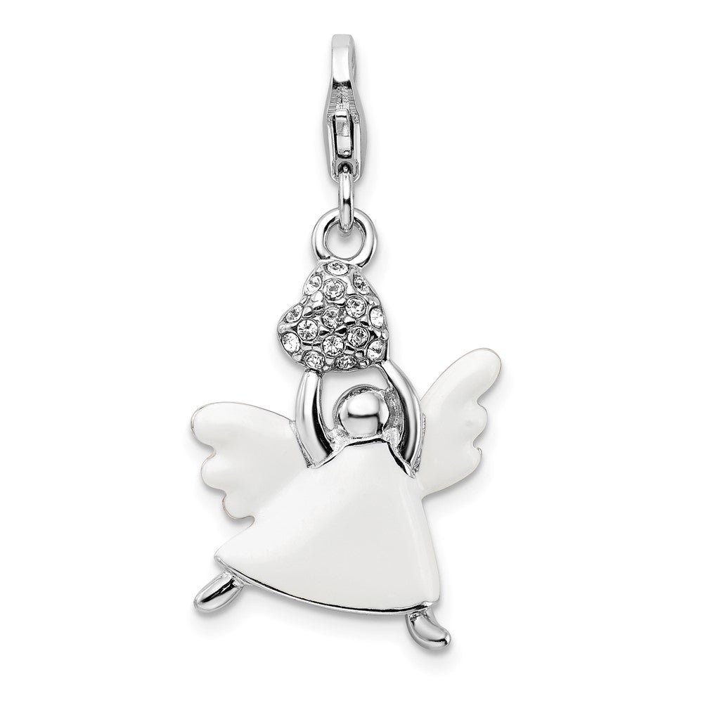Amore La Vita Sterling Silver Rhodium-plated Polished 3-D White Enameled Crystal From Swarovski Angel Charm with Fancy Lob...