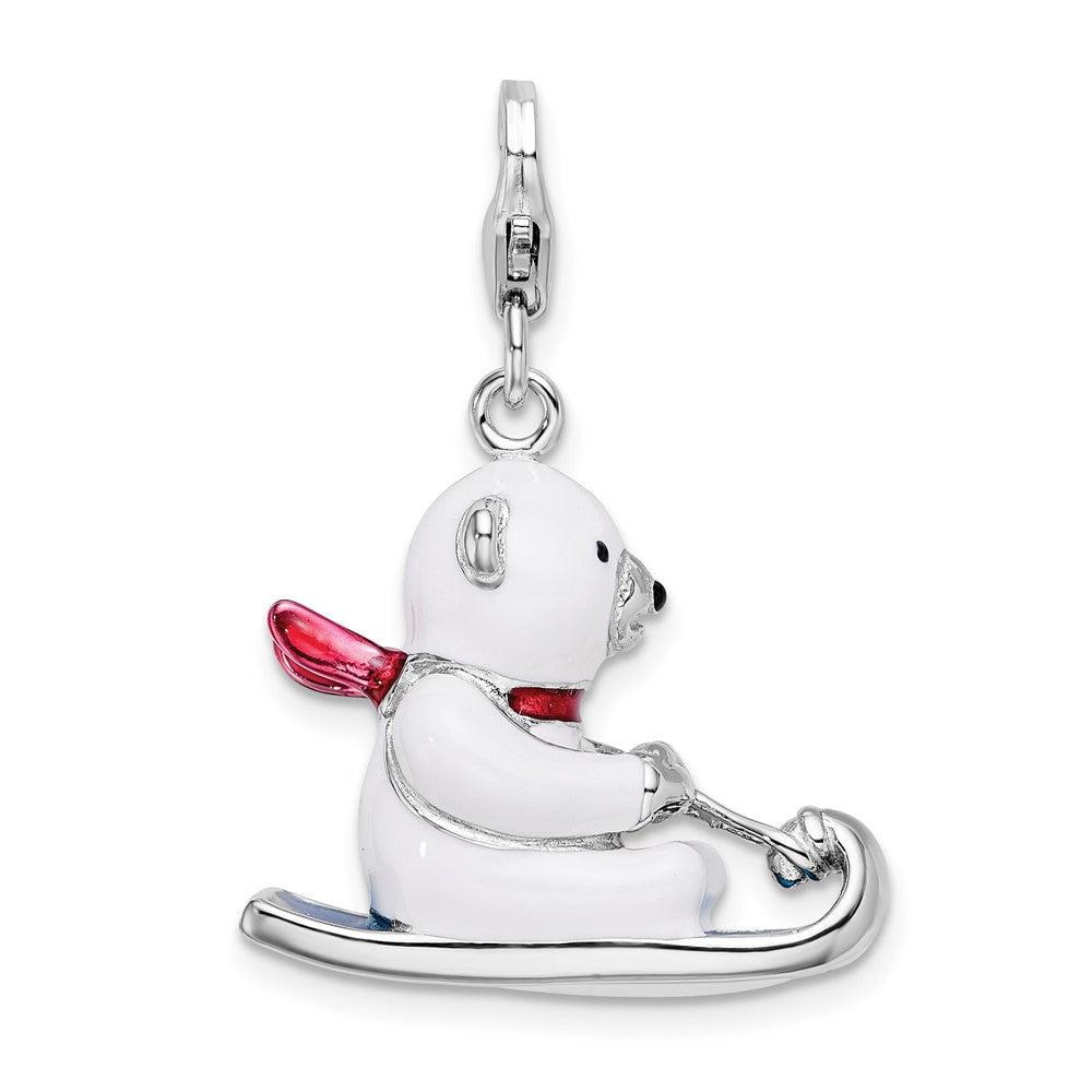 Amore La Vita Sterling Silver Rhodium-plated Polished 3-D Enameled Polar Bear on Sled Charm with Fancy Lobster Clasp
