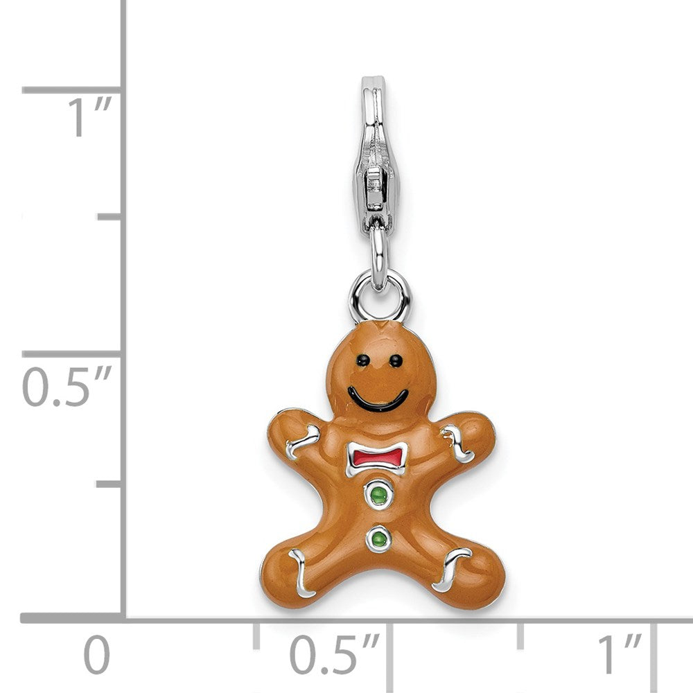 Amore La Vita Sterling Silver Rhodium-plated Polished 3-D Enameled Gingerbread Cookie Charm with Fancy Lobster Clasp