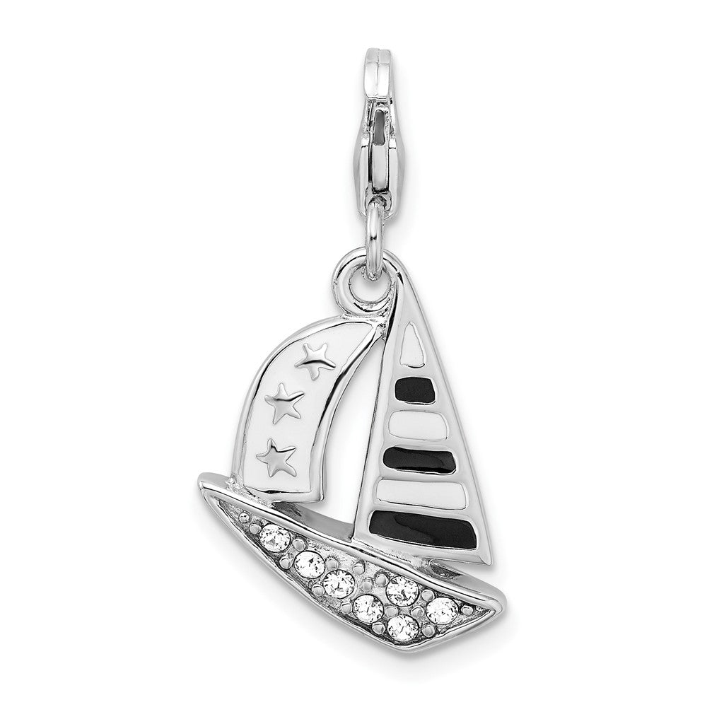 Amore La Vita Sterling Silver Rhodium-plated Polished 3-D Enameled Swarovski Crystal Sailboat Charm with Fancy Lobster Clasp
