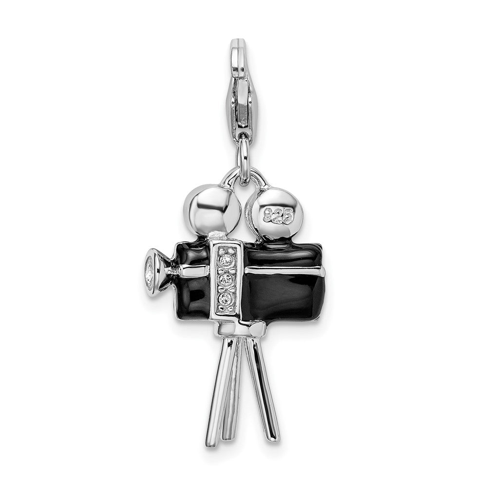 Amore La Vita Sterling Silver Rhodium-plated Polished 3-D Enameled Swarovski Crystal Movie Camera Charm with Fancy Lobster...