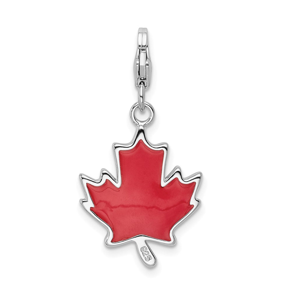 Amore La Vita Sterling Silver Rhodium-plated Polished 3-D Enameled Maple Leaf Charm with Fancy Lobster Clasp