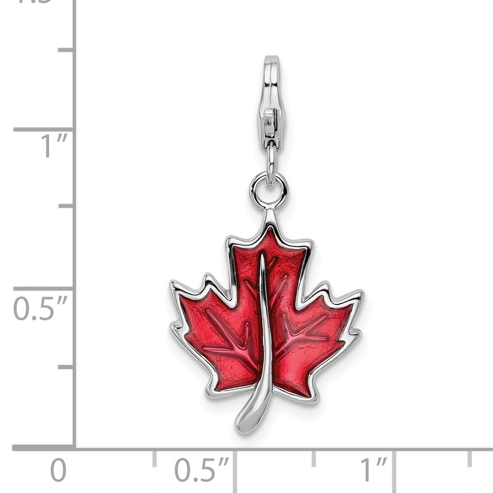 Amore La Vita Sterling Silver Rhodium-plated Polished 3-D Enameled Maple Leaf Charm with Fancy Lobster Clasp