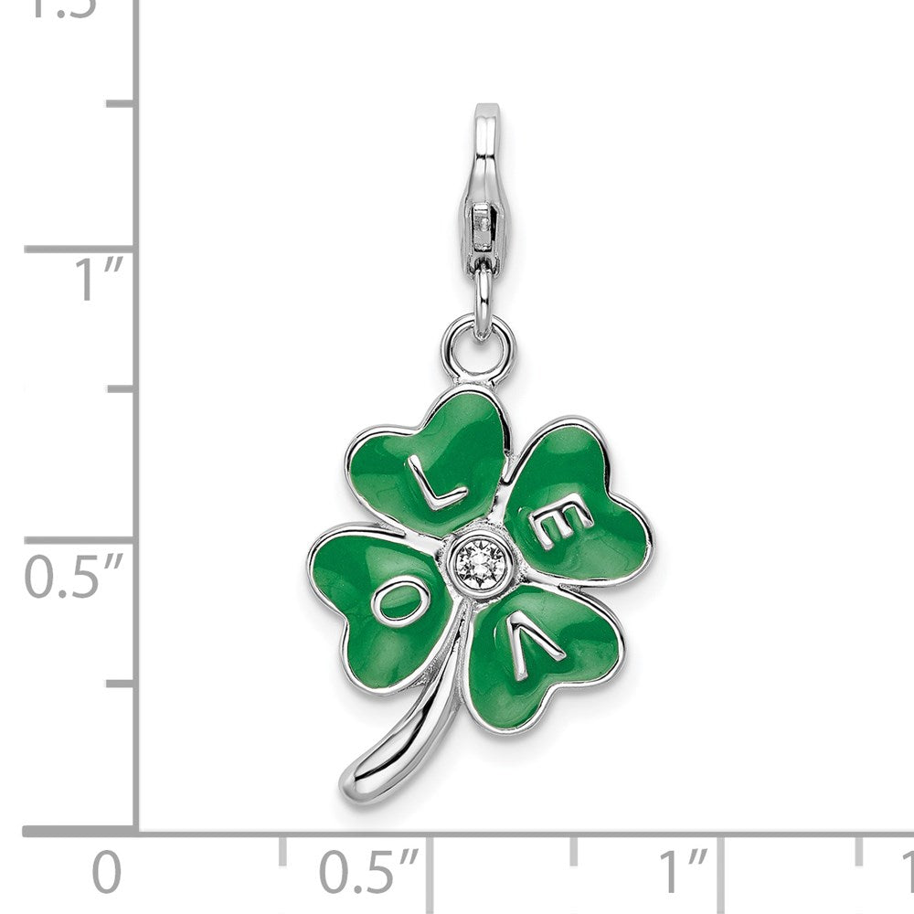 Amore La Vita Sterling Silver Rhodium-plated Polished 3-D Green Enameled 4 Leaf Clover and Clear Crystal From Swarovski LO...