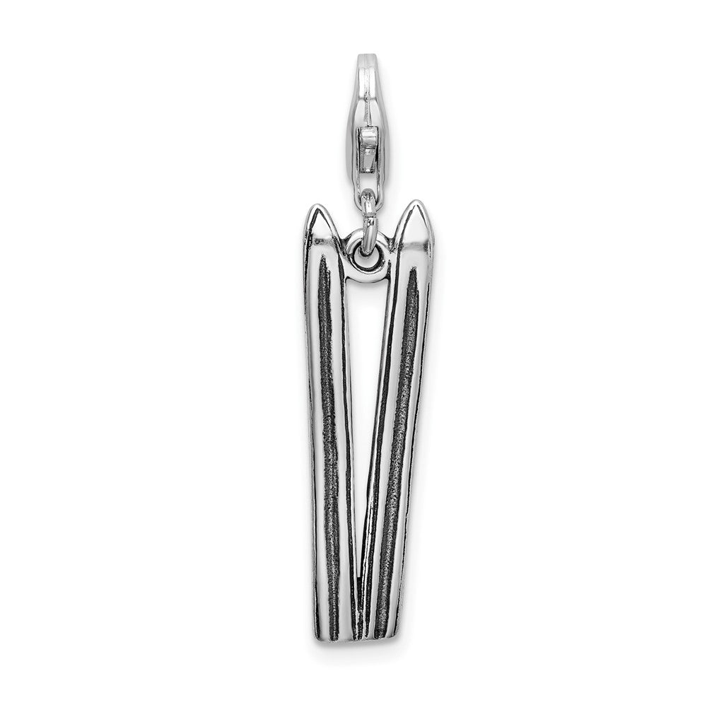 Amore La Vita Sterling Silver Rhodium-plated Polished 3-D Antiqued Skis Charm with Fancy Lobster Clasp