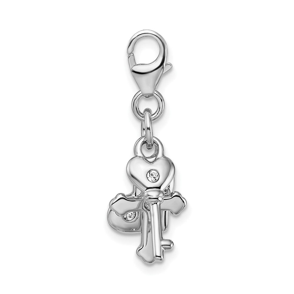 Amore La Vita Sterling Silver Rhodium-plated Polished Heart Cross and Key with Crystal From Swarovski Charm with Fancy Lob...