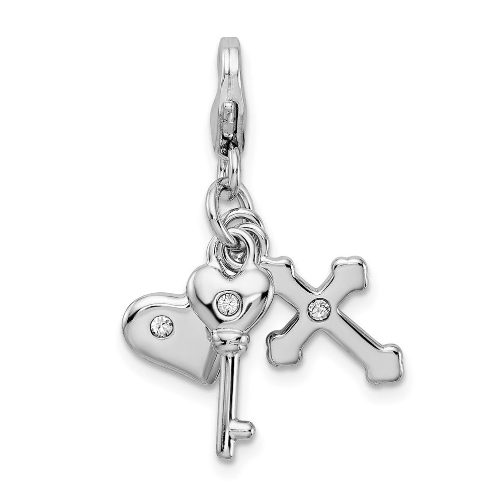 Amore La Vita Sterling Silver Rhodium-plated Polished Heart Cross and Key with Crystal From Swarovski Charm with Fancy Lob...