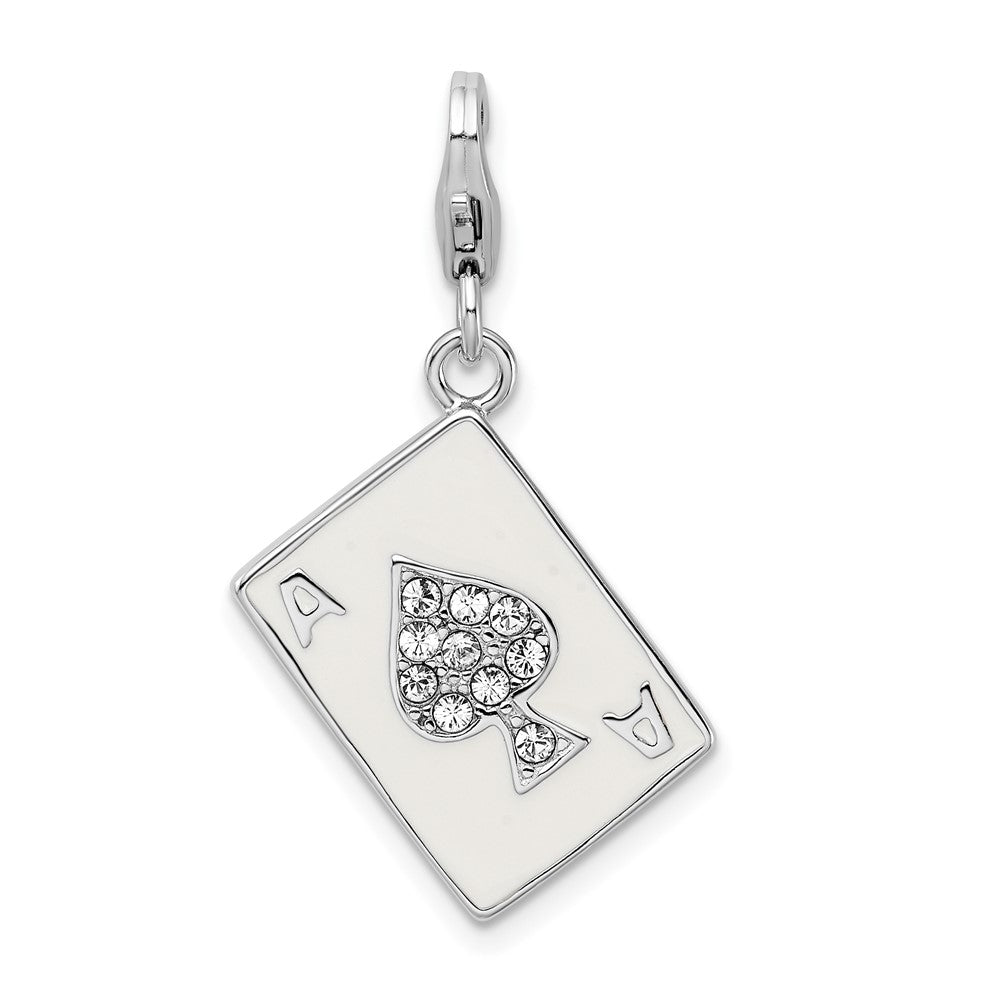 Amore La Vita Sterling Silver Rhodium-plated Polished 3-D Enameled Swarovski Crystal Ace Charm with Fancy Lobster Clasp
