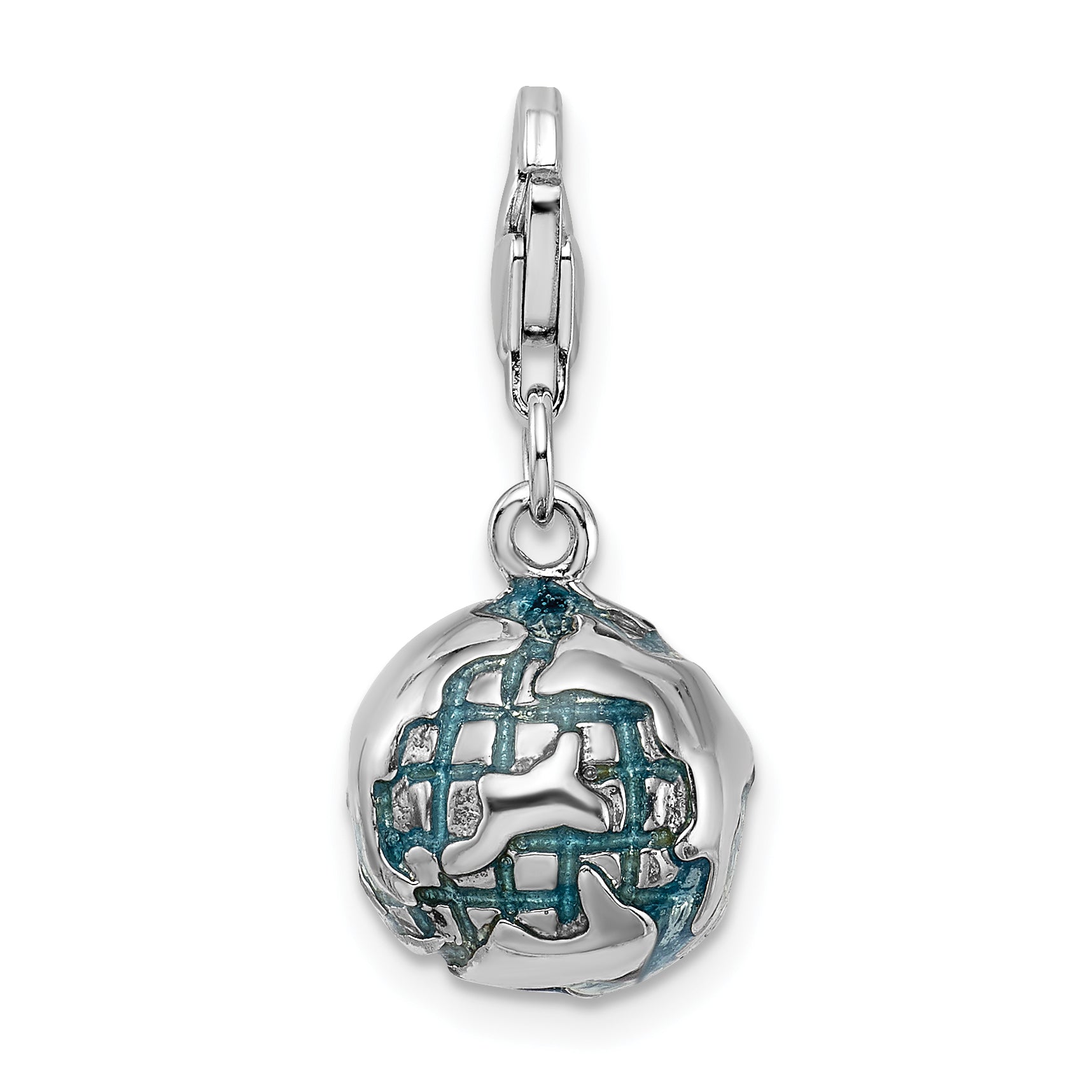 Amore La Vita Sterling Silver Rhodium-plated Polished 3-D Enameled World Globe Charm with Fancy Lobster Clasp