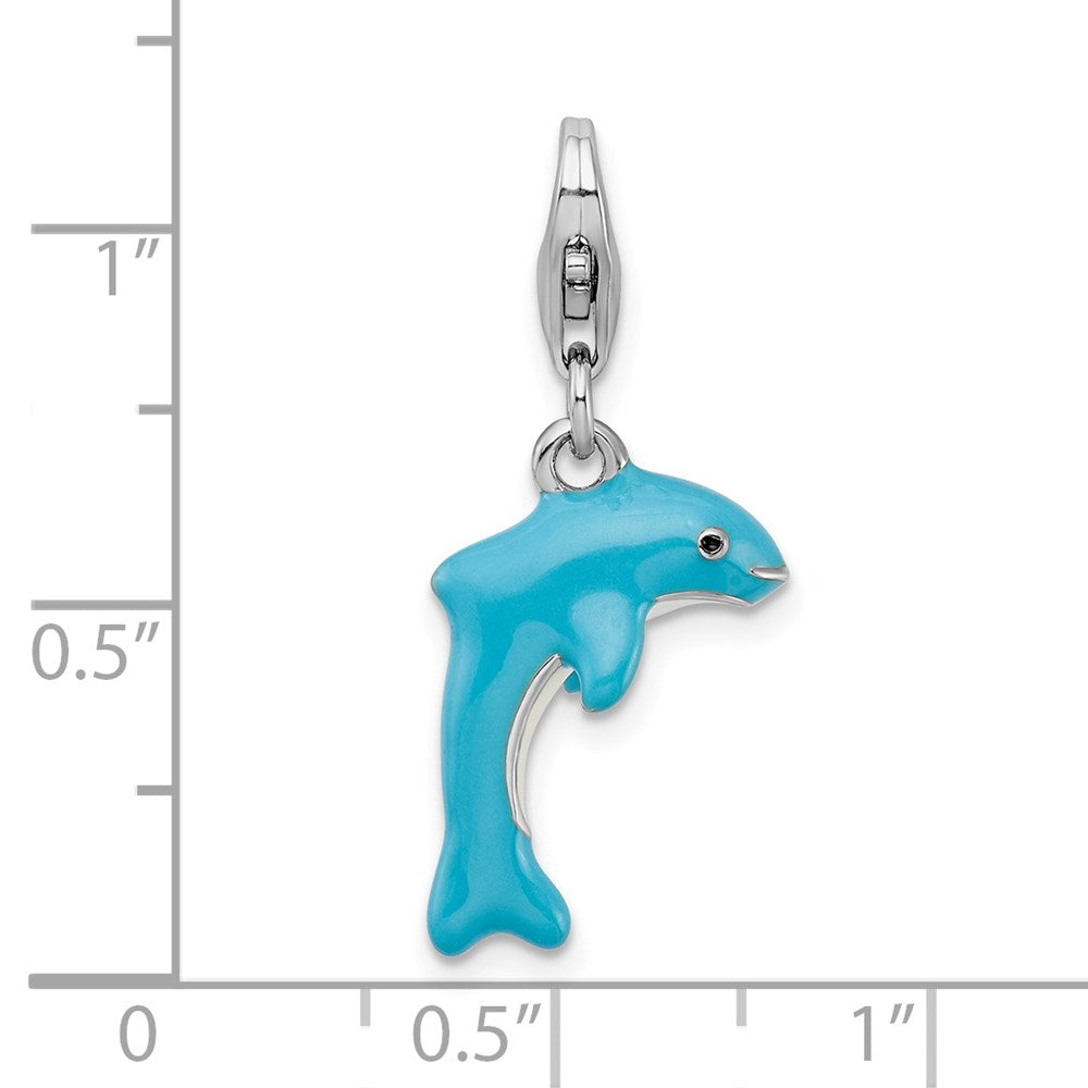 Amore La Vita Sterling Silver Rhodium-plated Polished 3-D Enameled Dolphin Charm with Fancy Lobster Clasp