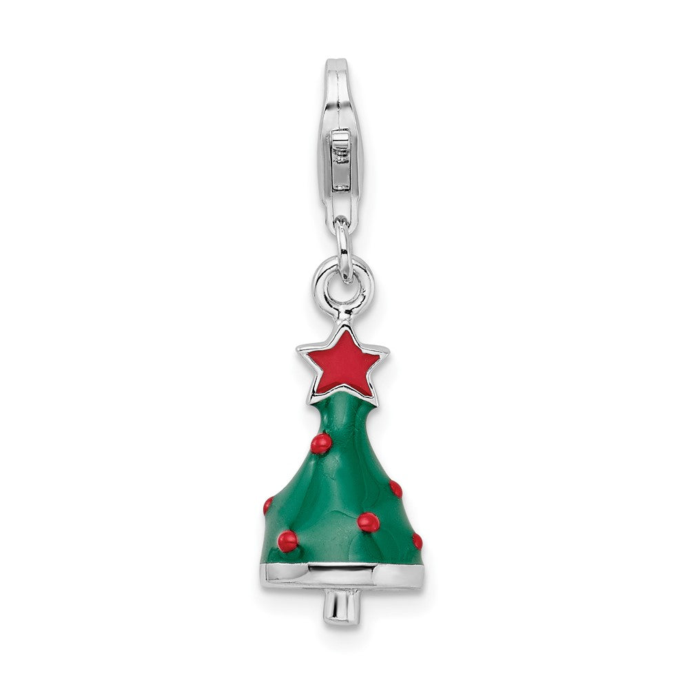 Amore La Vita Sterling Silver Rhodium-plated Polished 3-D Enameled Christmas Tree Charm with Fancy Lobster Clasp