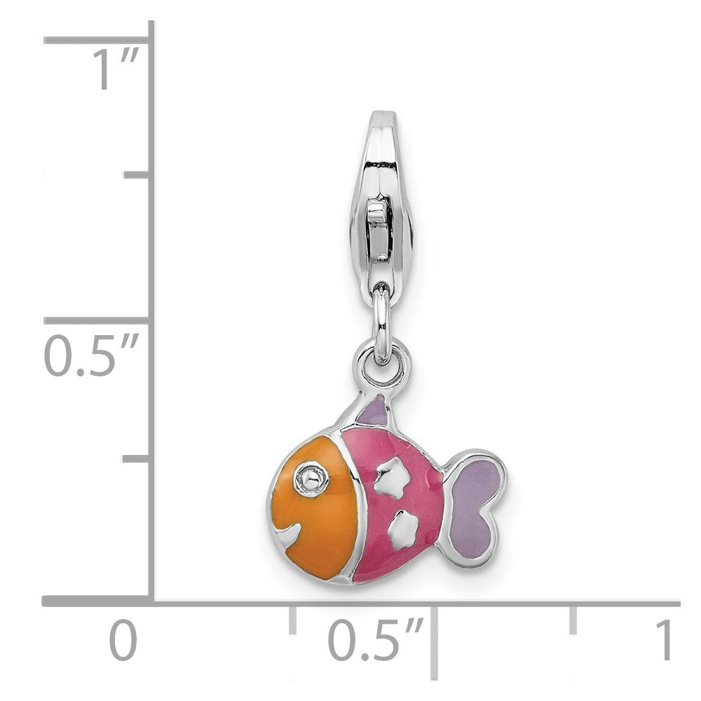 Sterling Silver Rhodium-plated 3-D Enameled Fish w/Lobster Clasp Charm
