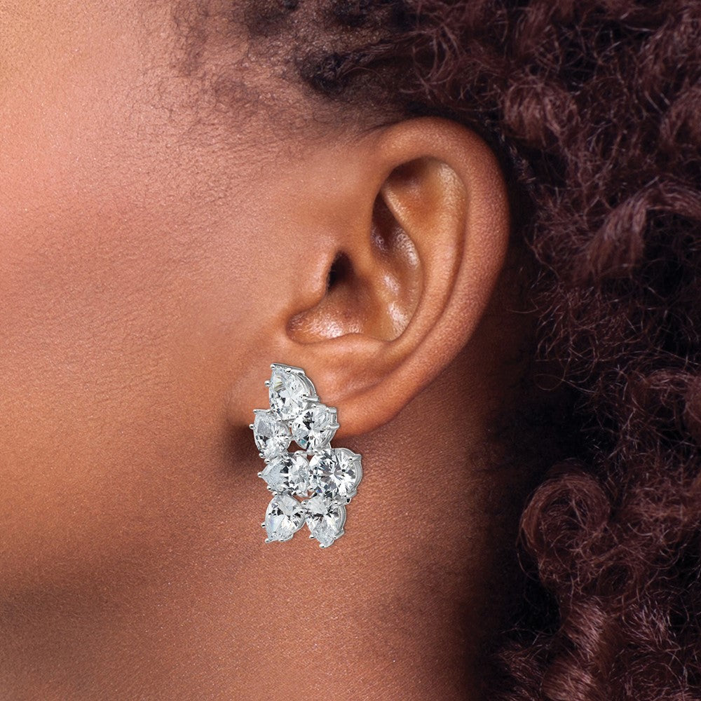 Cheryl M Sterling Silver Rhodium-plated Fancy Brilliant-cut CZ Cluster Omega Back Earrings