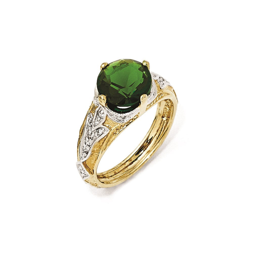 Sterling Silver Gold-Plated Glass Simulated Emerald & CZ Ring