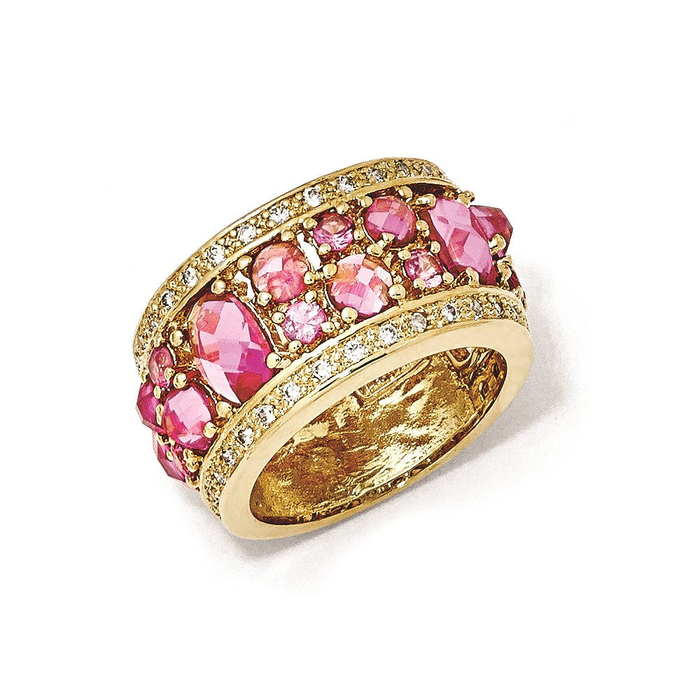 Sterling Silver Gold-Plated Synthetic Pink Sapphire & CZ Ring