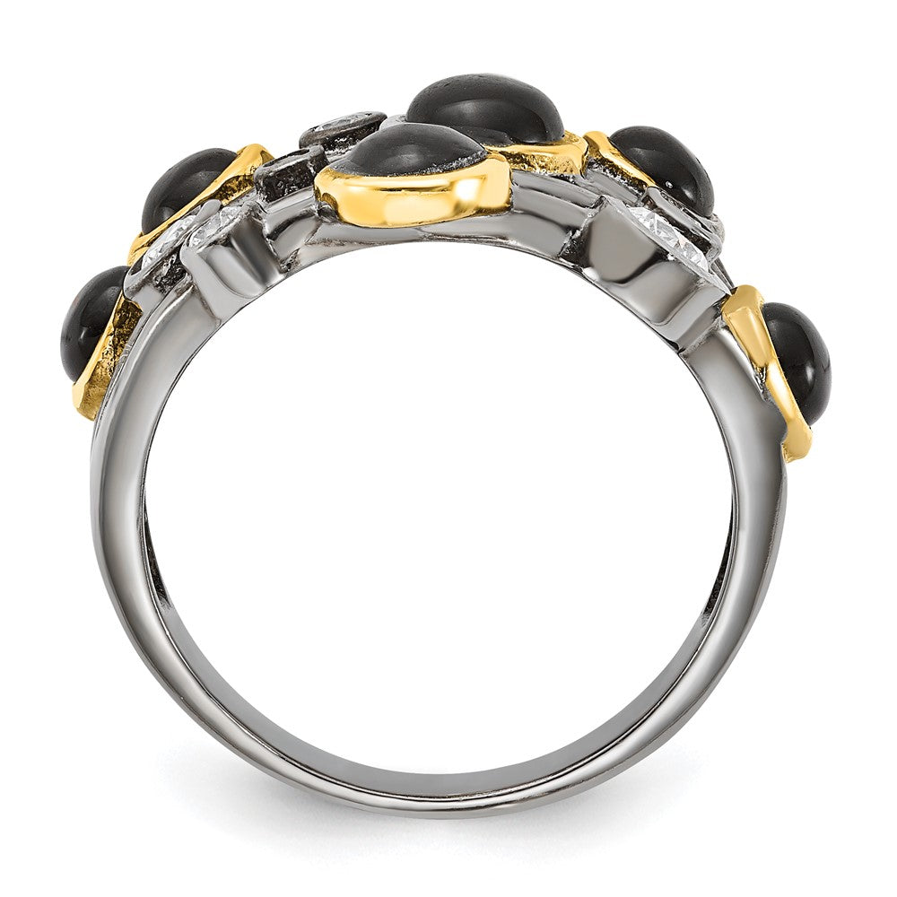 Cheryl M Sterling Silver Black Rhodium w/Gold-Plating Onyx & CZ Ring