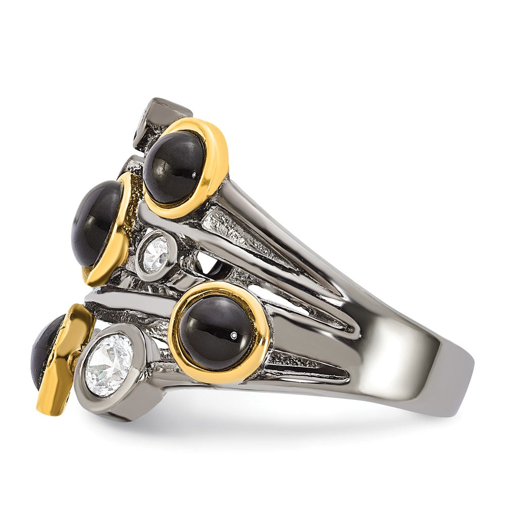 Cheryl M Sterling Silver Black Rhodium w/Gold-Plating Onyx & CZ Ring