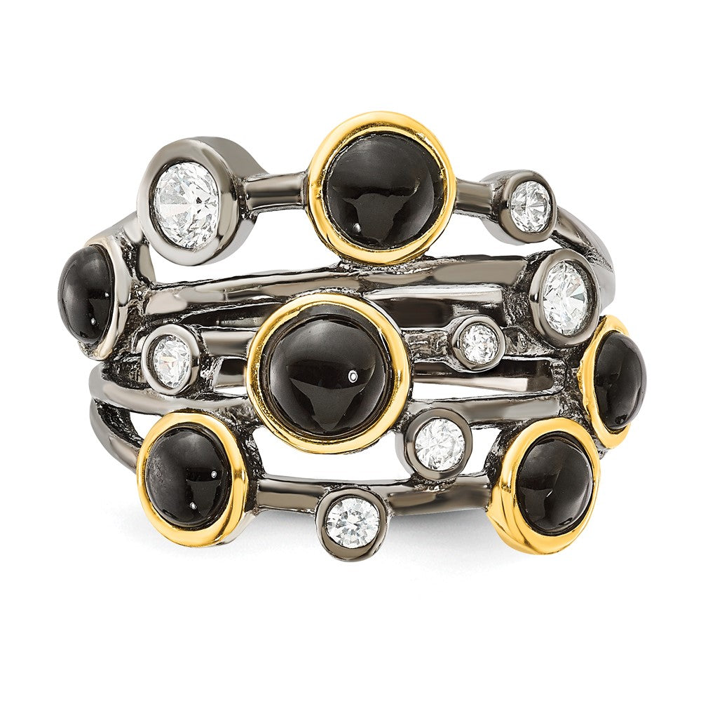 Cheryl M Sterling Silver Black Rhodium w/Gold-Plating Onyx & CZ Ring