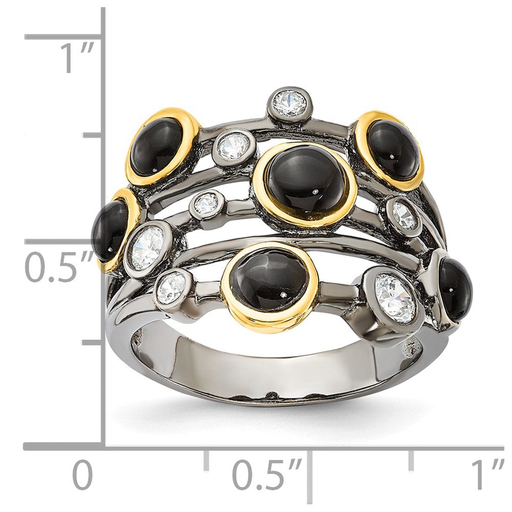 Cheryl M Sterling Silver Black Rhodium w/Gold-Plating Onyx & CZ Ring